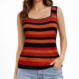 VTG FINITY Tomato Red Black Horizontal Striped Sleeveless Sweater Blouse